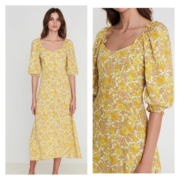 Faithfull the Brand Dresses & Skirts - NWT FAITHFULL THE BRAND Juniper Yellow Floral Puff Sleeve Midi Dress US 2/ XS